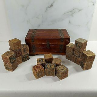 Antique Wood Toy Blocks (20) 1 3/4 " Alphabet Animals Cedar Trunk Dovetail Chest