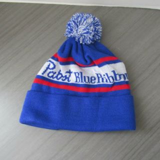 Pabst Blue Ribbon Toque Winter Hat Cap Tuque Knit Beanie Pom Pompom Beer