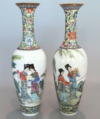 Vintage Chinese Eggshell Porcelain Vases With Boxes - Ladies In Gardens
