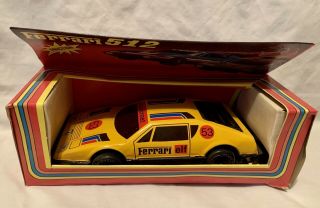 1970 ' s MSB German Yellow Ferrari 512 Tin Friction Race Car MIB Old Store Stock 2