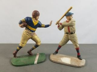Vintage Cast Iron Baseball And Football Player Doorstops Bookends 9 " Tall
