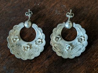 Vintage Taxco Mexico 925 Sterling Silver Etched Floral Designer Earrings 1121 - 8