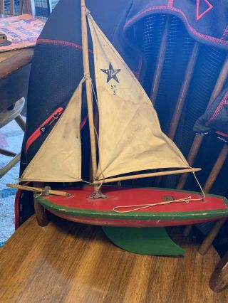 Vintage Star Yacht Red/ Green Wooden Sail Boat Birkenhead Made In England