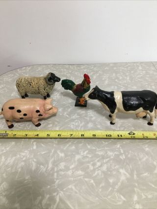 Vtg Heavy Cast Iron Farm Animals Cow,  Lamb Pig And Chicken Figurines