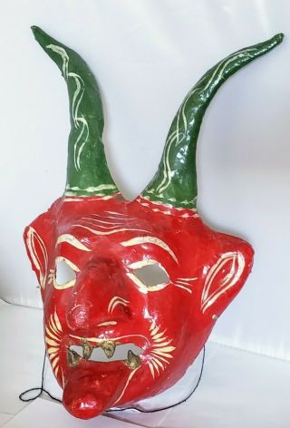 Large Vintage Mexican Folk Art Devil Mask Paper Mache 13 " Papier Mache Red/green