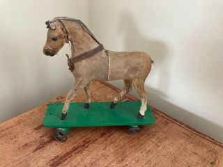 Antique Primitive Folk Art Paper Mache And Leather Horse Pull Toy