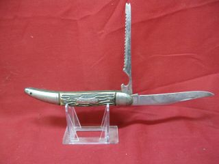 Vintage Stainless Colonial Folding Fish Knife Blade Scaler Antler Handle Usa 5