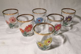 Vintage Retro Set Of 6 X Shot Glasses With Painted Floral Design