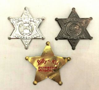 1950 Three Cap Gun Cowboy Deputy Stamped Metal Toy Badges One Is Billy The Kid