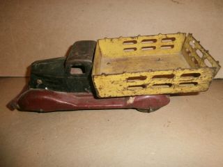 Vintage Tin Metal Stake Bed Red Black Yellow Painted Toy Truck Wooden Wheels