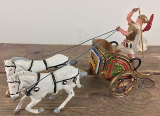 Vintage Johillco J Hill & Co Roman Chariot With Driver Horses Lead Toy J1
