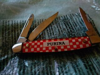 Purina Kutmaster 3 Blade Pocket Knife Handle Red Checkerboard Extra