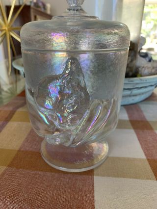 Vintage Fenton Clear Carnival Glass Chessie Cat Kitten Candy Jar 1985