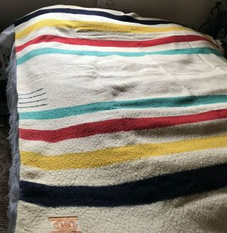 Vintage Hudson Bay 4 Point Full Sz Stripe Cream Wool Blanket Flaw - Pls Read