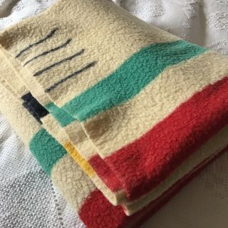 Vintage Hudson Bay 4 Point Full Sz Stripe Cream Wool Blanket FLAW - PLS READ 2