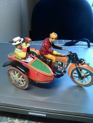 Paya Tin Toy Motorcycle Rider And Sidecar Wind Up.