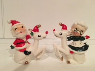Vintage Santa & Mrs.  Claus Riding Reindeer Christmas Salt & Pepper Shakers Japan