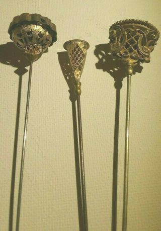 3 Vintage Victorian Long Hat Pins Stick Gold Toned Dragon,  Bird Estate Find