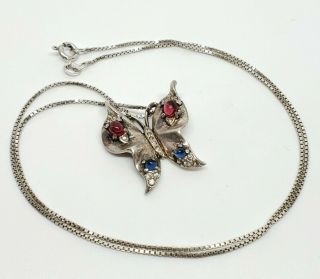 Vintage Trifari Alfred Philippe Sterling Ruby Sapphire Glass Butterfly Necklace