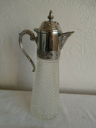 Vintage Silver Plate & Glass Hobnail Pattern Claret Jug Decanter From Italy