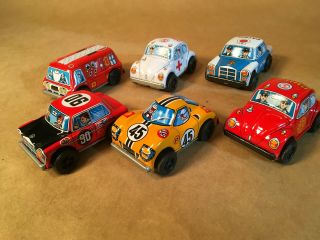 6 Vtg Japan Tin Litho Friction Cars Mercedes Ford Vw Rallye Race And Service