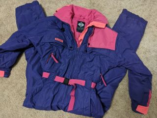 Vtg 80 90s Womens Small Columbia One Piece Ski Suit Snow Bib Snowit Purple Pink