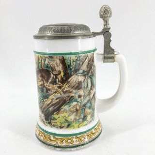 Vintage Bmf Bierseidel Zinn Beer Stein Mug Lidded Milk Glass Deer Hunter Hunting