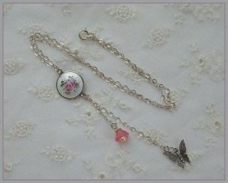 Vintage Sterling Silver Guilloche Enamel Butterfly Lariat Necklace Hand Painted