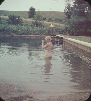 Vintage Pinup Glamour Stereo Slide 1950s Nude In Pool - Man Watching