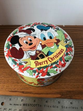 Vintage Merry Christmas Disney Mickey Mouse Donald Duck Tin Container Usa