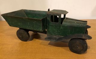 Antique 1930s Pressed Steel Dump Truck With Wood Wheels 9.  5 Inches Long