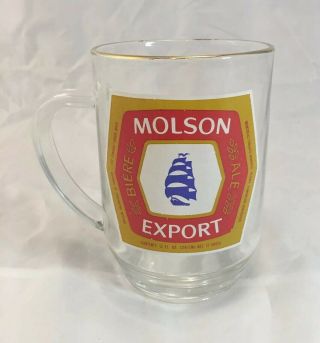 Vintage Molson Ale Canadian Beer Glass Clear Mug Gold Rim Export 12 Oz Ship Logo
