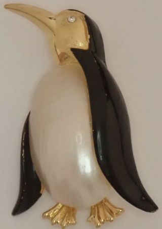 Vintage Marcel Boucher Gold Plate Enamel Rhinestone Shell Penguin Brooch