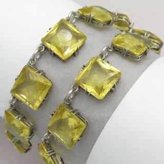 Vtg Art Deco Sterling Silver Open Back Yellow Glass Square Crystal Necklace