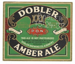 Half Gal.  Dobler Xxx Amber Ale Beer Label,  Irtp,  Albany,  Ny,  64 Oz,  Party Size