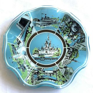 Vintage Walt Disney World Plate Magic Kingdom Ruffled Glass Candy Dish Ashtray