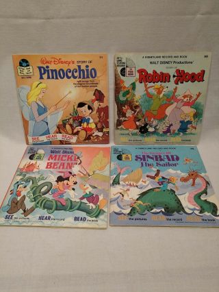 4 Walt Disney Read Along Books And Records Pinocchio,  Robin Hood,  Sinbad,  Mickey