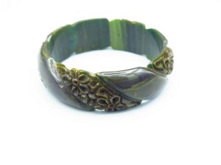 Vintage Marbled Green And Yellow Carved Bakelite Bangle With Floral Pattern