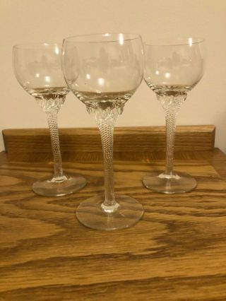 3 Vintage Twist Stem Wine Glasses,  Hand Blown Clear Twisted Hock Glasses