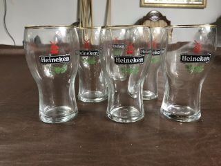(6) Vintage Heineken Gold Rim Beer Glasses 5 ",  W/windmill Logo,