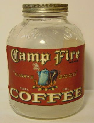 Vintage 1930s CAMPFIRE COFFEE GRAPHIC ONE POUND COFFEE JAR W.  L.  ALLEN ST.  LOUIS 2