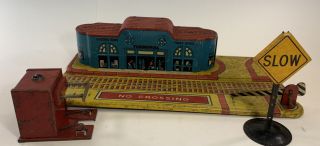 Vintage Marx Tin Litho Train Terminal Union Station W/ Sign And Stopper