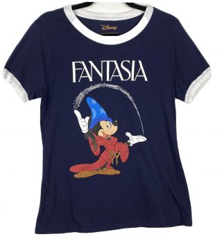 Disney Fantasia Mickey Mouse Ringer T - Shirt Wizard Navy Blue Unisex Size Large
