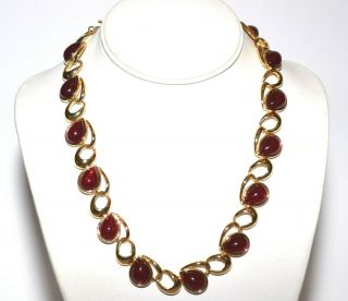 Vintage Trifari Red Cabochon Jelly Belly Set In Gold Tone Adjustable Necklace