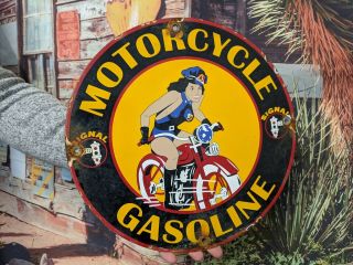 Vintage Dated 1948 Signal Motorcycle Gasoline Porcelain Enamel Gas Station Sign