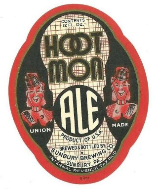 Hoot Mon Ale Beer Label,  Irtp,  Sunbury Brewing Co,  Sunbury,  Pa