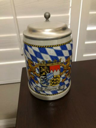 Vintage Tk Lidded Beer Stein Bayern Coat Of Arms Rein Zinn Bleifre Stoneware