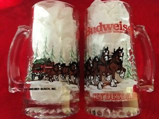 2 Vintage Budweiser Clydesdale Beer Mug Holiday Winter Glass Collectible 1988