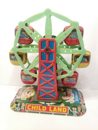 Vintage Japan Yone Child Land Ferris Wheel Bell Wind - Up Tin Litho Toy