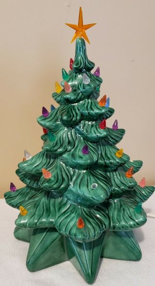 Vintage 2 Piece Ceramic Christmas Tree W/ Base 14 1/2 Inch,  Lights